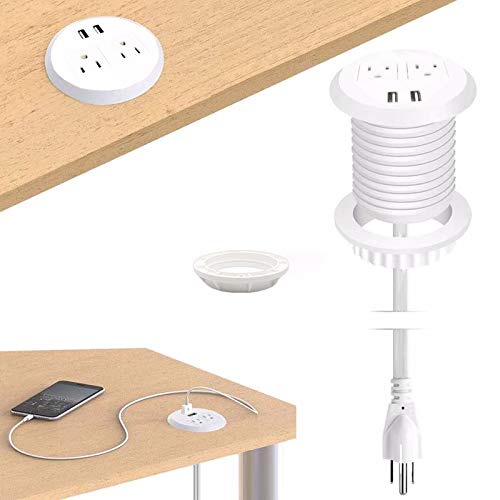 ApexDesk Desktop Power Grommet with Two Power Sockets, Two Quick USB Charging Ports, 6ft Power Cord and Lock Ring (Black)