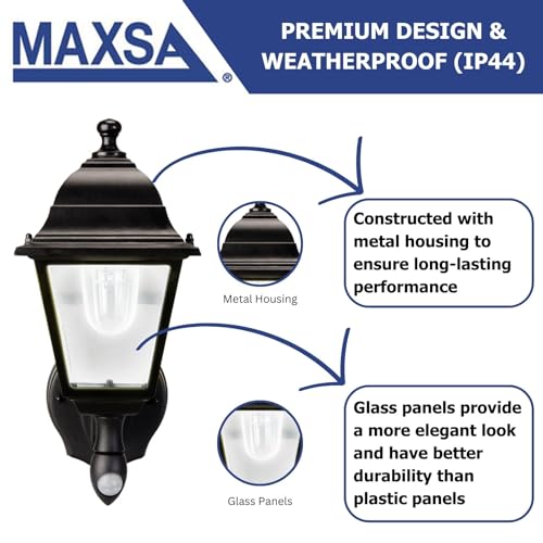 Maxsa 44219-RS Premium Wireless Battery-Powered Motion-Activated Decorative Outdoor Wall Sconce Lighting Fixture, Cool White LED, Metal Housing, Black