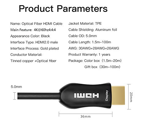 Fiber Optic HDMI Cable 65ft (20m) - ARC HDMI2.0 18Gpbs 4k@60 4:4:4 - PET Braided Cord and Gold Plated Connector Support 4K, UHD 2160p, HD 1080p, 3D