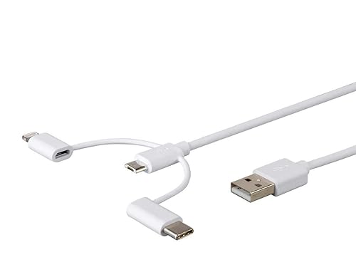 Monoprice 3-in-1 Multiport USB to USB Micro-B + USB-C + Lightning Charging Cable - 3 Feet, White - Essential Series