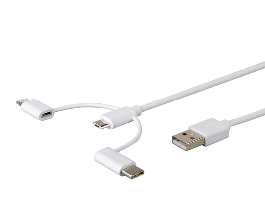Monoprice 3-in-1 Multiport USB to USB Micro-B + USB-C + Lightning Charging Cable - 3 Feet, White - Essential Series