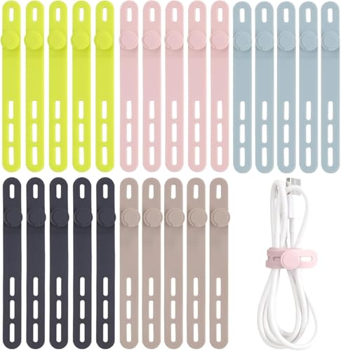 Oligei 25 Pcs Silicone Cable Ties, Cable Ties Reusable, High Elasticity Cord Wraps for Electrical Cords, Cord Organizer for Earphone, Phone