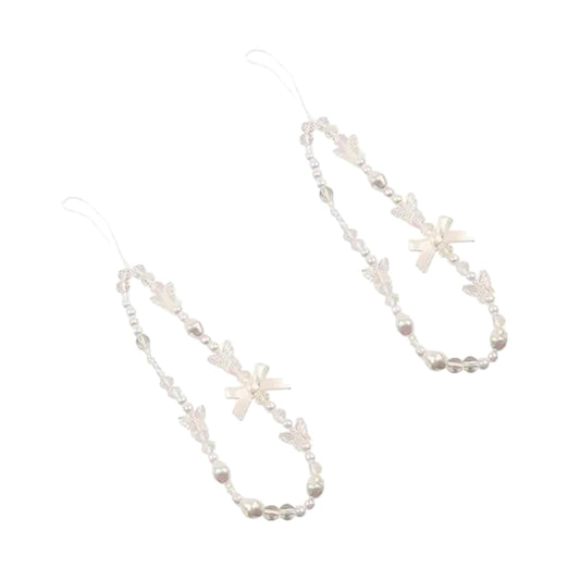 SelHeng 2Pcs White Mobile Phone Lanyard Universal Phone Chain Black Bow White Pearl Beaded Phone Lanyard Wrist Strap Anti Lost Phone Charm Strap
