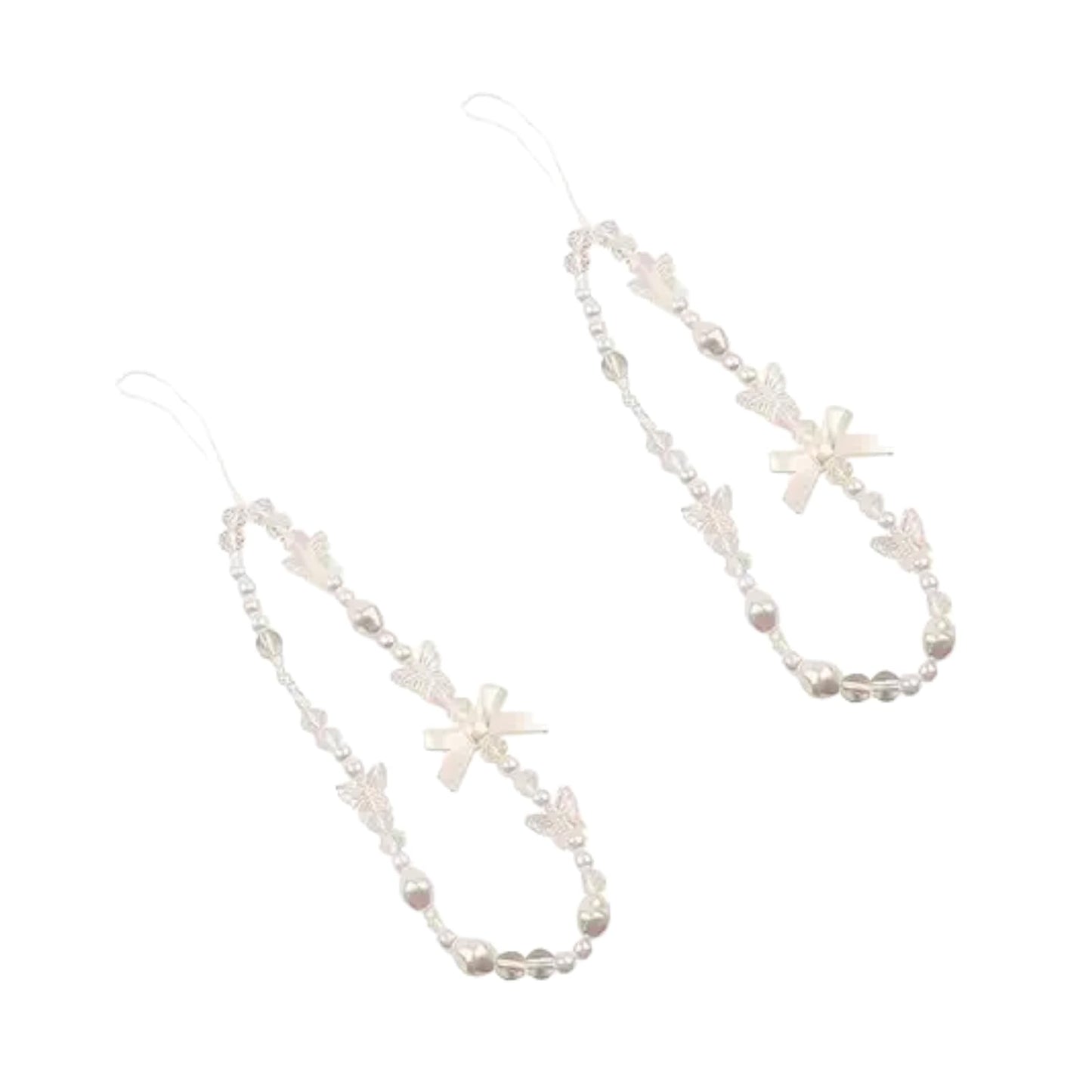 WLngtv 2 Pcs White Mobile Phone Lanyard Universal Chain Black Bow White Pearl Beaded Phone Lanyard Wrist Strap Anti Lost Phone Charm Strap Fashion