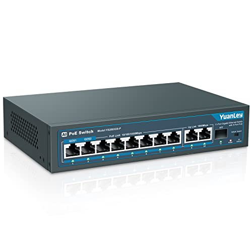 YuanLey 8 Port Gigabit PoE Switch with 2 Gigabit Uplink, 8 PoE+ Port 1000Mbps, 1 SFP Port, 120W 802.3af/at, Metal, Qos, Unmanaged Plug and Play AI