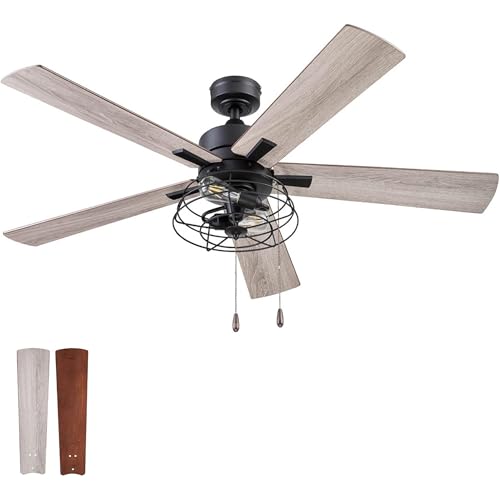 Prominence Home Marshall 52 Inch Industrial Style LED Ceiling Fan with Light, Pull Chain, 3 Mounting Options, Dual Finish Blades, Reversible, Black