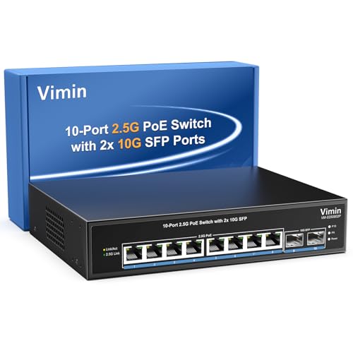 8 Port 2.5G PoE Switch Unmanaged, VIMIN 10x 2.5G Base-T PoE Switch, 2X 10G SFP+ PoE Switch IEEE802.3af/at, 80Gbps Ethernet Switching Capacity, 150W