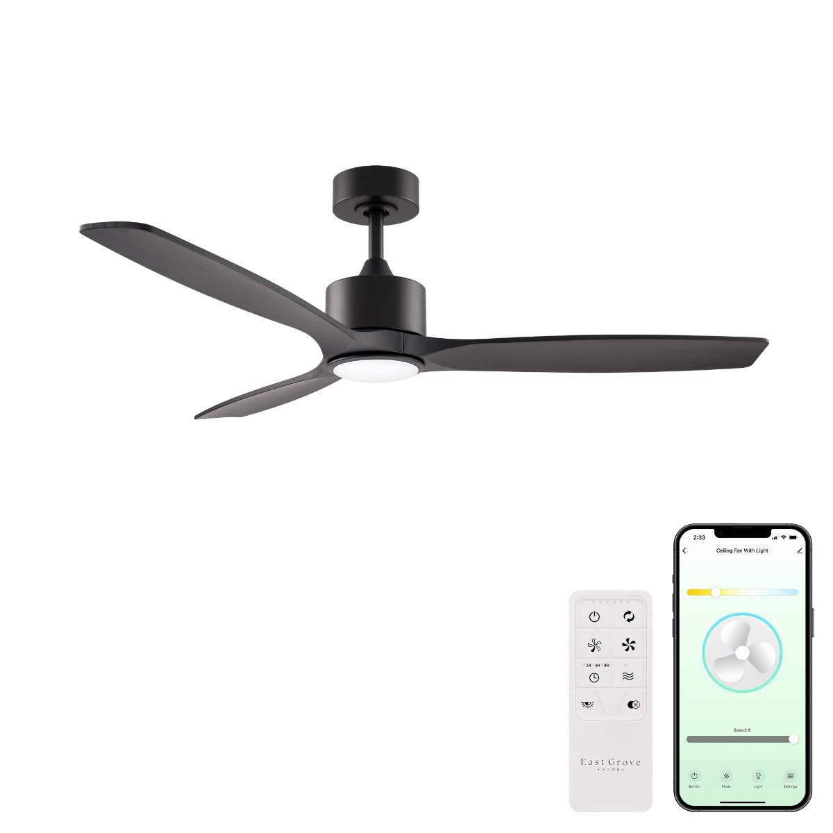 East Grove Home Madera 52in 3-Blade Smart Indoor or Outdoor Ceiling Fan 2700K-6000K CCT Tunable Range LED Light Kit in Matte Black with Ebony Solid