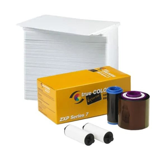 Zebra 800077-711 Black Monochrome Ribbon for ZXP Series 7 Card Printer with 500 ID Zone Premium White Blank Plastic CR80 30 Mil PVC Cards