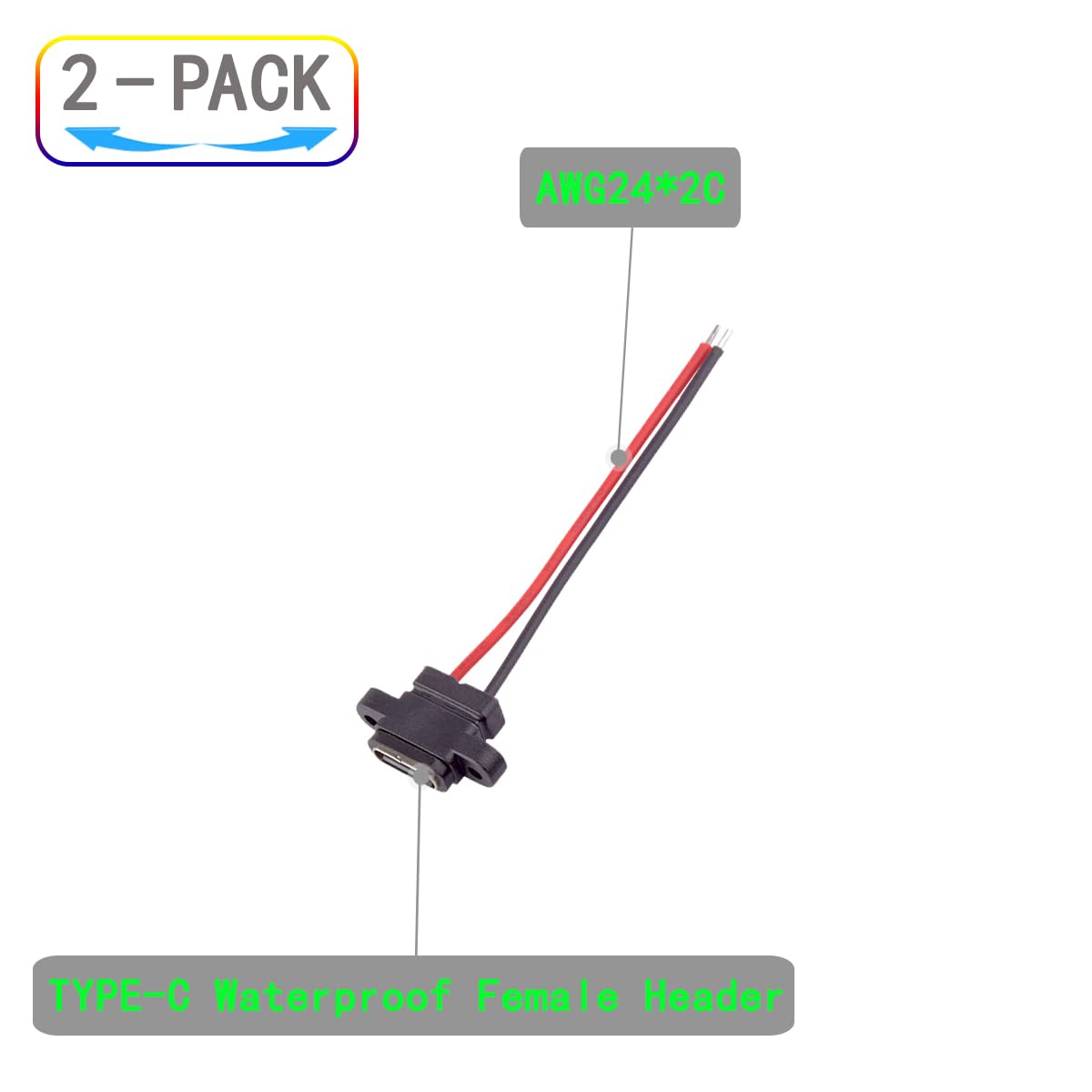 ZJKJHJY USB Type-C Pigtail Cable 2PCS 24AWG USB-C Plug to 2 Pin Bare Wire Open End, Type C Female,Connector for DIY