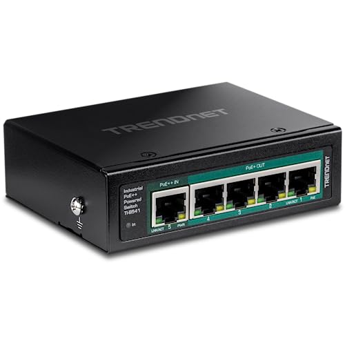 TRENDnet 5-Port Industrial Gigabit PoE++ Powered DIN-Rail Switch with PoE Pass-Through, TI-B541, Ethernet Splitter, 65W Power Budget, NDAA & TAA