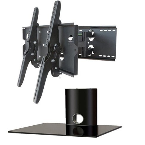 2xhome - New TV Wall Mount Bracket (Dual Arm) & Single Shelf Package - Secure Cantilever LED LCD Smart 3D WiFi Flat Panel Screen Monitor Display