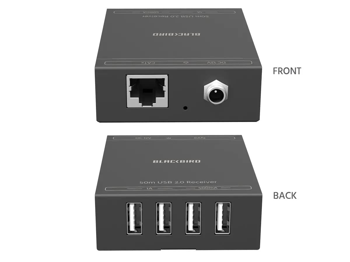 Monoprice Blackbird 4-Port USB 2.0 Extender Over Cat5e/Cat6-50 Meters (164 Feet) Plug and Play, No Driver, Supports Up to 480Mbps, for Windows, MacOS