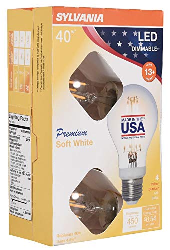 LEDVANCE 40247, Soft White 40 Watt Equivalent, A19 LED Light Bulbs, Dimmable, Color 2700K, Made in The USA with US and Global Parts, 4 Pack, 4 Count