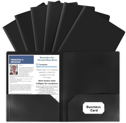6 Pack Black File Folders with Pockets, Letter Size Plastic 2 Pocket Folder