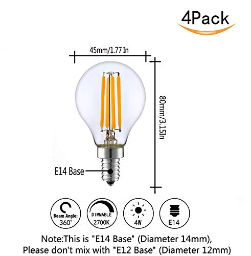 CTKcom G45 4W E14 Base Candelabra LED Bulbs Dimmable(4 Pack)-Vintage Edison LED Bulb 40W Equivalent 2700K Warm White Lamp for Home,Pendant