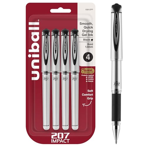 uni-ball Signo 207 Impact Stick Gel Pen, 4 Black Pens, 1.0mm Bold Point Gel Pens, Smooth Writing, Archival-Quality Ink, Acid-Free, Superior Comfort