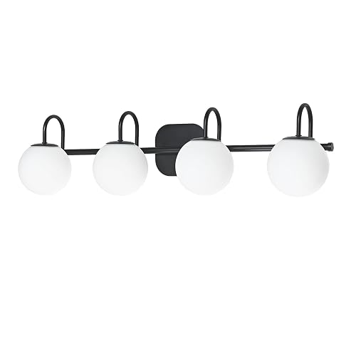 ZHUOER Vintage Bathroom Light Fixtures 4-Lights Black Mid Century Vanity Lights with Milk White Glass Globe Shade Vintage Wall Sconces Lighting Bath