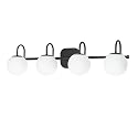 ZHUOER Vintage Bathroom Light Fixtures 4-Lights Black Mid Century Vanity Lights with Milk White Glass Globe Shade Vintage Wall Sconces Lighting Bath