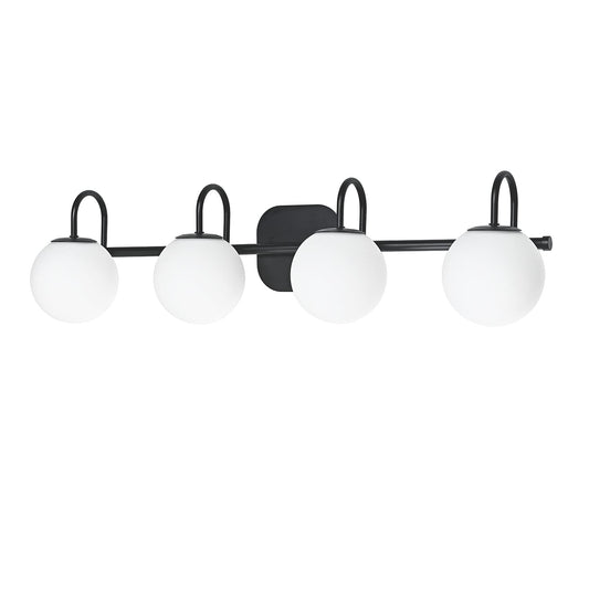 ZHUOER Vintage Bathroom Light Fixtures 4-Lights Black Mid Century Vanity Lights with Milk White Glass Globe Shade Vintage Wall Sconces Lighting Bath