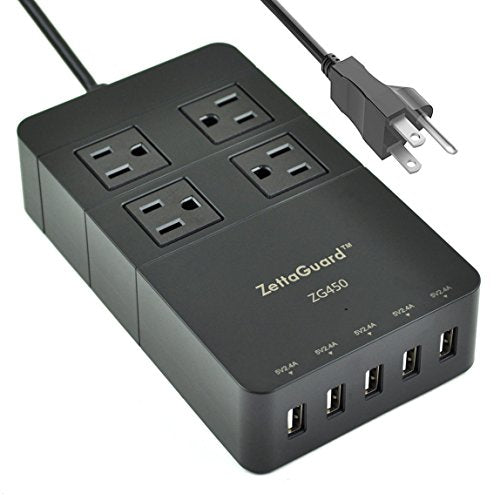 Zettaguard Mini 4-Outlet Travel Power Strip Surge Protector with USB Charger USB Charging Station (5-Port Smart, 40W/8A) and 5 Feet Power Cord, Black