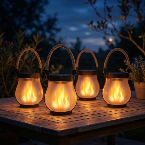 Solar Lanterns Outdoor Waterproof 4 Pack, Outdoor Solar Lanterns with Flickering Flame Effect, USB-C & Solar Charging, Auto Dusk to Dawn, Hanging