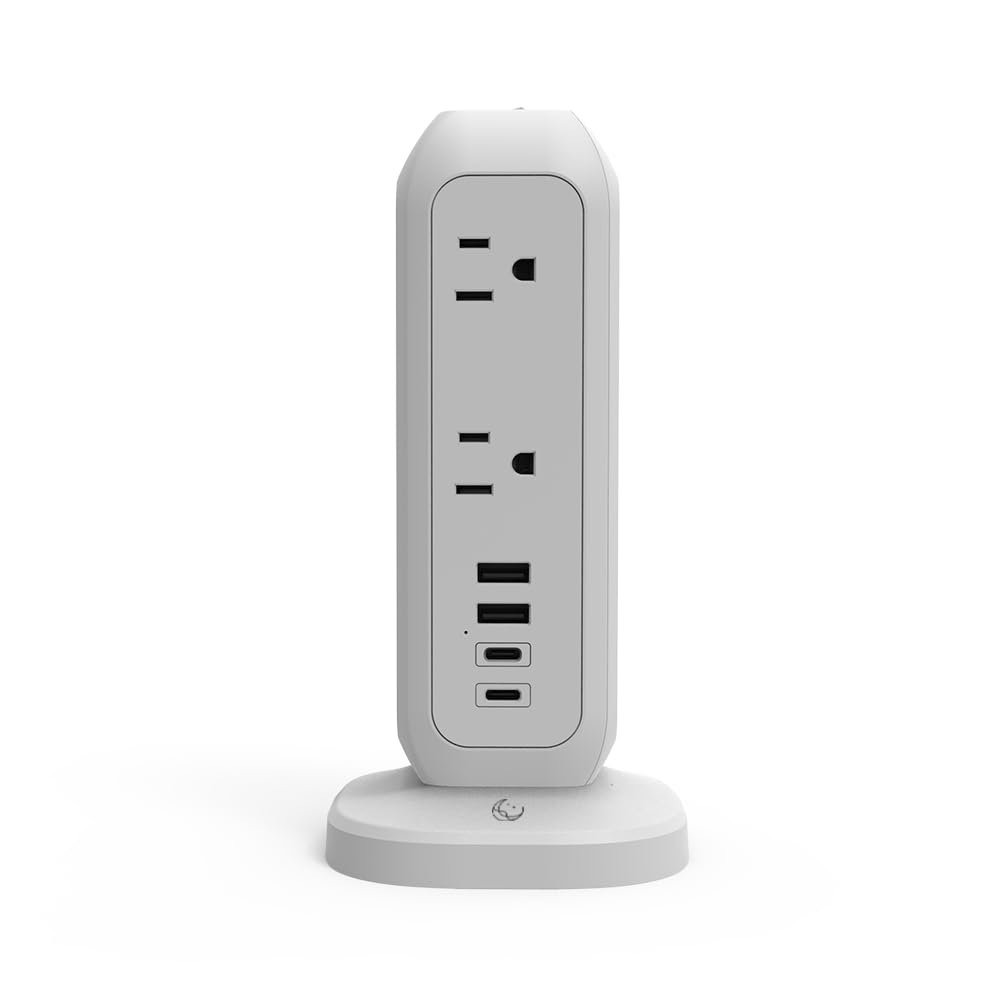[White Lunar] Power Strip Tower with Surge Protector - 11 AC Outlets, 4 USB Ports (2 USB-A & 2 USB-C), 6ft Heavy-Duty Flat Plug Extension Cord