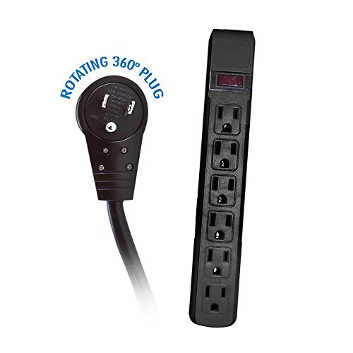 ACL 15 Feet Power Cable with 6 Outlets Surge Protector, Flat Rotating Plug, Horizontal Outlets, Black