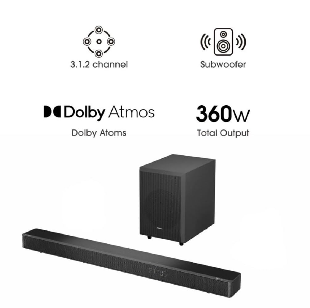 Hisense AX3120G Soundbar Speaker Black 3.1.2 Ch 360W with Subwoofer, Dolby Atmos & DTS:X (Renewed)