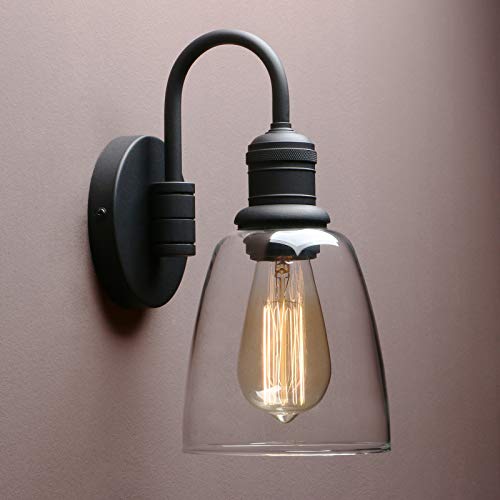 Yosoan 1-Light Vintage Wall Sconce, Black Industrial Fixture Light with Elegant Gooseneck Curved Rod, Indoor Clear Glass Shade Wall Lamp Lighting