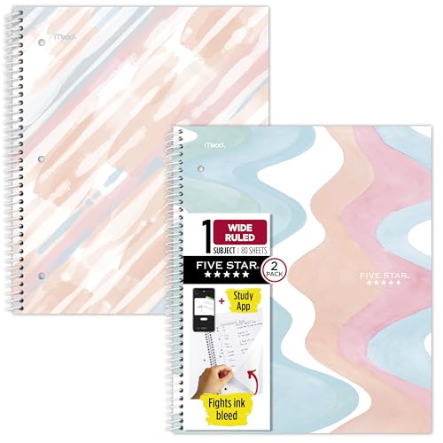 Five Star Spiral Notebook + Study App, 2 Pack, 1 Subject, Wide Ruled, 8" x 10-1/2", 80 Sheets, Fights Ink Bleed, Water Resistant Cover, Pastel Waves