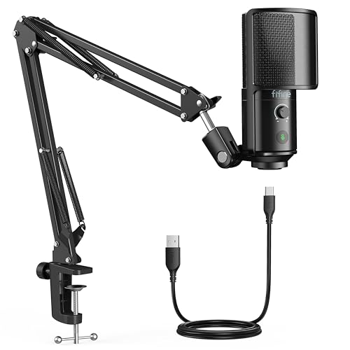 FIFINE USB Podcast Microphone, PC Computer Condenser Microphone Plug & Play Mic Kit with Boom Arm Stand, 16MM Large Diaphragm, Mute Button for