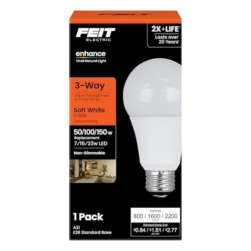 Feit Electric A21 LED Light Bulb, 3-Way Adjustable Wattage 50/100/150 Equivalent, E26 Base, Non Dimmable, 2200 Lumen, 2700K Soft White, General