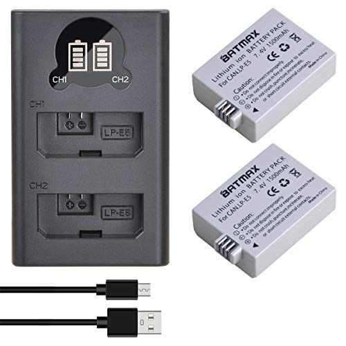Batmax 2Packs LP-E5 Battery + LCD Dual USB Charger with Type C Port for Canon EOS Rebel XS, Rebel Xsi, Rebel T1i, 1000D, 500D, 450D, Kiss F, Kiss X2
