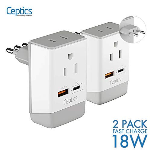 Ceptics Italy, Chile Travel 2 Pack Plug Adapter QC 3.0 & PD, Safe Dual USB & USB-C - 2 USA Socket Compact & Powerful - Use in Rome, Milan, Greece…