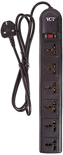 VCT WPS-B-UK 220 Volt - 240 Volt Universal Power Strip Surge Protector with 6 Universal Outlets 13A Max 3250W with UK Plug (UK Plug), Black