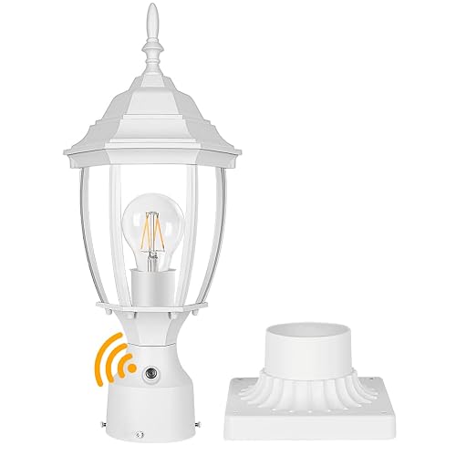 PARTPHONER Dusk to Dawn White Outdoor Post Light with Pier Mount Base, Waterproof Pole Lantern Light Fixture, Exterior Lamp Post Lantern Head