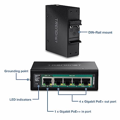 TRENDnet 5-Port Industrial Gigabit PoE++ Powered DIN-Rail Switch with PoE Pass-Through, TI-B541, Ethernet Splitter, 65W Power Budget, NDAA & TAA