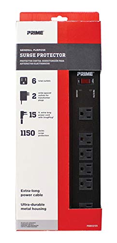 Prime Wire PB802135 6-Outlet Metal Power Workshop Surge Protector with 14-3 SJT 15-Feet Cord Black