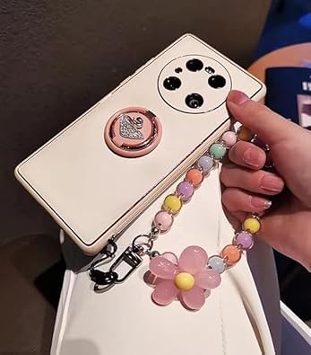 GANPUB Pink Mobile Strap Beaded Flower Bracelet Creative Hanging Rope Keychain Mobile Phone Lanyard Beaded Flower Anti-Lost Phone Case Cell Phone