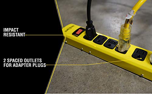 Southwire Yellow Jacket Heavy Duty Power Strip - 6 Outlet Industrial Metal Workshop Strip - Sliding Safety Covers - Overload Protection - 6 Ft Yellow