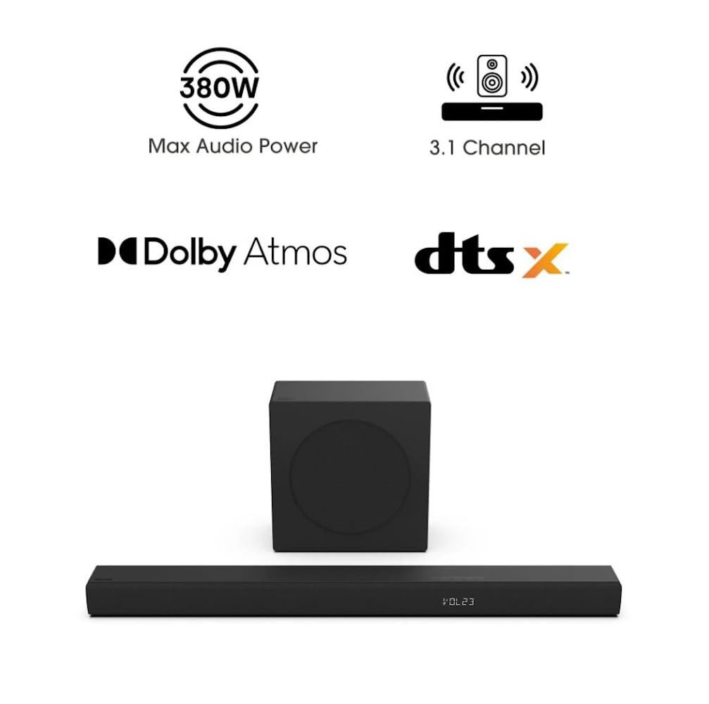 Hisense 3.1 Ch 380W Soundbar with Wireless Subwoofer and Dolby Atmos, 5-Speaker Array, 7 EQ Modes, HDMI eARC Port, Bluetooth, Surround Sound - R632