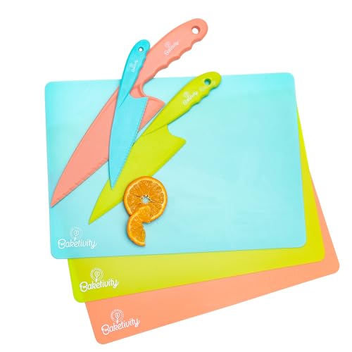 Baketivity 6 Piece Kids Cutting Board and Knife Set | Plastic Knives and Flexible Cutting Boards for Safe and Fun Cooking | Dishwasher Safe Kids…