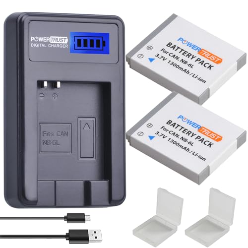 PowerTrust 2 Pack NB-6L NB-6LH Camera Battery and LCD USB Charger for Canon PowerShot SX170 is, SX240 HS, SX260 HS, SX270 HS, SX280 HS, SX500 is