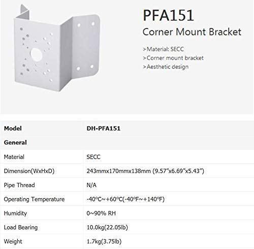 DH-PFA151 Aluminum Alloy Corner Mount Bracket PFA151 CornerMounting Brackets for Dahua Bullet and PTZ Cameras Compatible w/ AMCPFA134 AMCPFA136