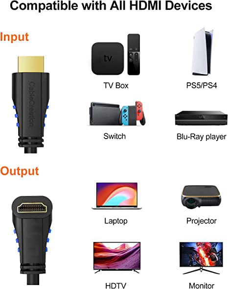 CableCreation 4K HDMI Cable Right Angle 270 Degree Upward - Supports 4K@60HZ Ultra HD for Gaming, Streaming, Movies, Male to Male, 6ft Black
