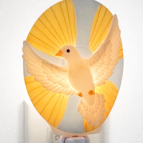 Holy Spirit Dove Night Light, Hand-Painted Bonded Marble, Plug-in Wall Lamp with UL Base, Religious Christian Decor, White, 4.5 x 3.5 x 6 Inches from