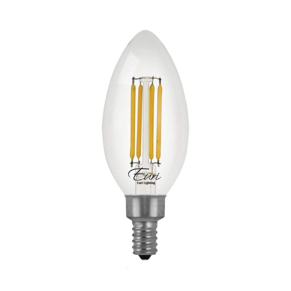 Euri Lighting VB10-3000cec-4, 4-Pack Dimmable LED B10 Filament, 5.5W (50W Equiv) 500lm, 90+ CRI, Soft White (3000K) E12, 120V, Wet Rated, JA8, CA