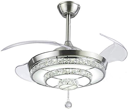 efperfect 42" Crystal Ceiling Fan with Light Retractable Blades Chrome Modern LED Chandelier Remote 3 Color Changes 3 Speeds Silent Ceiling Fans