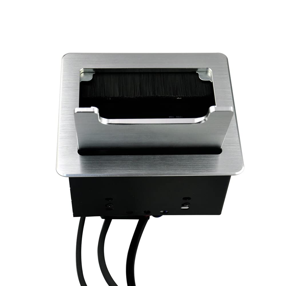 Tabletop Brush Connectivity Box with 2 AC Power + 2 USB Charger + HDMI + 1 3.5mm Audio + USB-C Data + RJ45(cat6) for Conference (Silver)